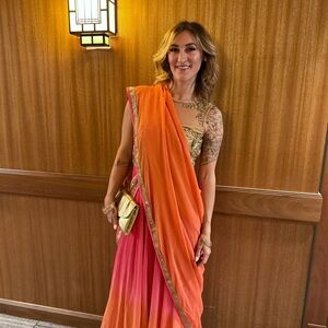 Elegant Orange and Pink Sari with Gold Accents